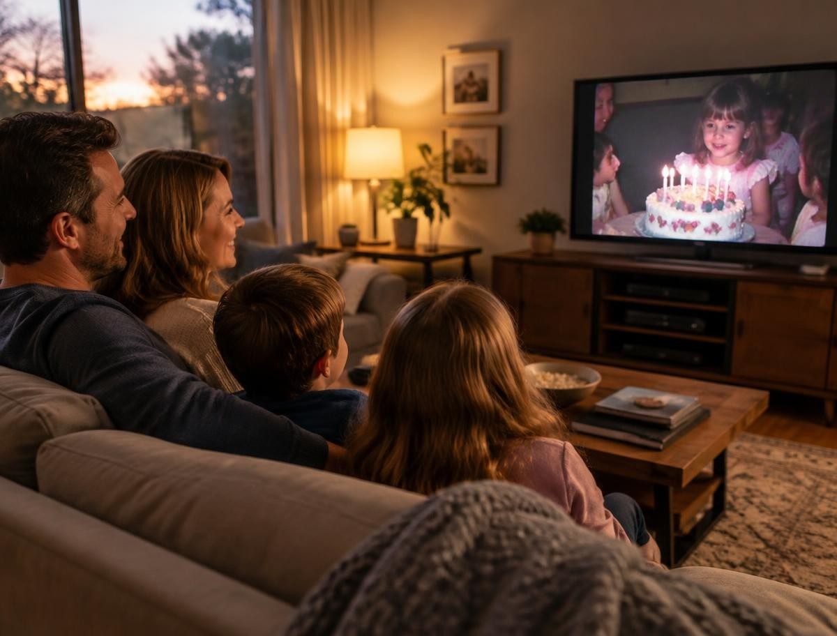 Family watching transferred home videos in East Kilbride